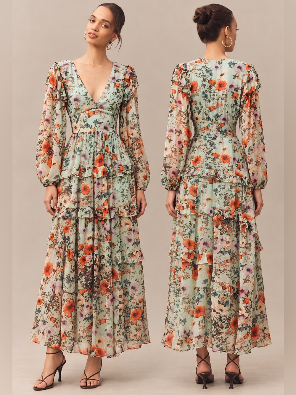 BHLDN Floral Chiffon Plunge Long Sleeve Ruffle Maxi Dress Mint S